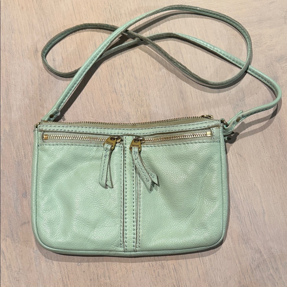 Fossil Light Green Leather Crossbody Bag